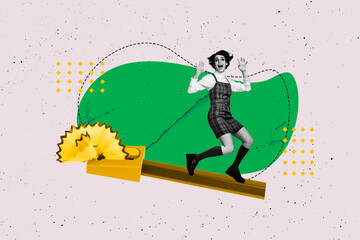 Fototapeta premium Trend artwork sketch design montage 3D collage of young lady teenage walk huge pencil grinder tool supplies lesson student autumn college