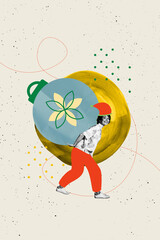 Obraz premium Banner sketch image collage of happy elf girl carry burden winter new year tree decoration santa claus hat merry christmas noel