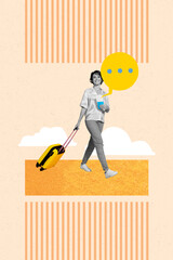 Obraz premium Photo collage trend sketch artwork of sticker note comment message bubble young lady walk hold suitcase tickets rest holiday trip summer