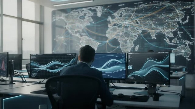 Daylight filtering into a hightech network operations control center capturing a technician focused on realtime data at their console with the wall of dynamic network maps gently