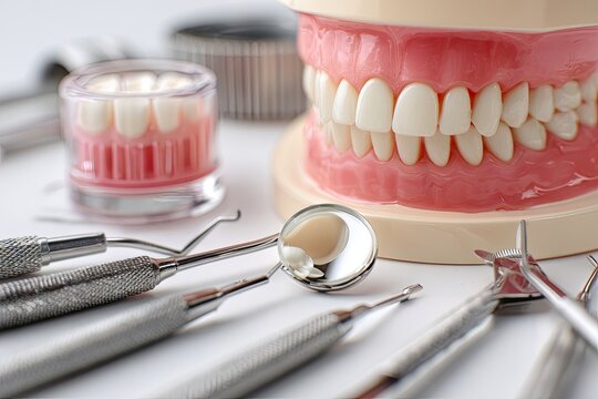 Close-up of dental tools, a full jaw model, and a partial denture on white