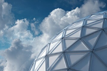 Fototapeta premium Architectural detail of a white geodesic sphere under a bright, cloudy blue sky