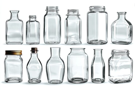 Many empty clear glass bottles and jars of various shapes and sizes on white