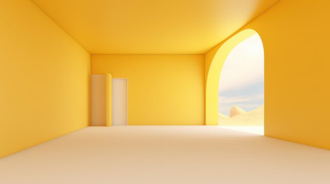 A serene, minimalist yellow room features an arched doorway leading to a desert landscape, creating a sense of tranquility and connection to nature.