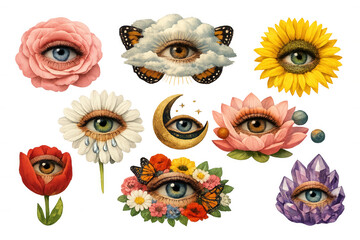 Naklejka premium Surreal eye flower collage PNG mystical botanical eye illustration collection isolated design set