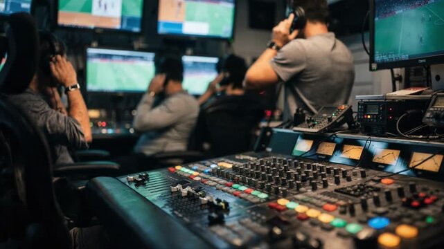 Broadcast truck interior showcasing a video switcher in sharp focus with softly blurred assistants and intercom panels managing a highenergy sports event.