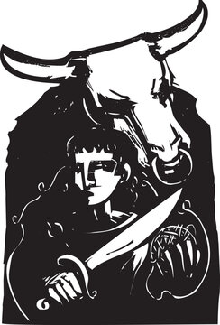 Woodcut style image of Theseus and the Minotaur