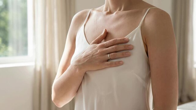Slow motion video of a woman in a white silk camisole placing her hand on her chest over her heart, symbolizing health, breast cancer awareness, relief, or deep emotional feeling.