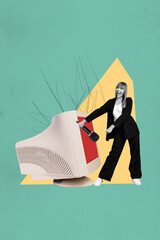 Trendy art creative zine photo collage of happy girl guy carry microphone reportage briefing pc...