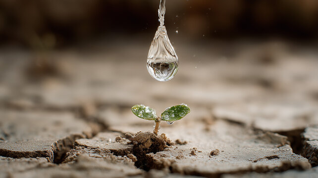 A small green plant sprout growing in dry cracked earth with a single drop of water falling on it from above outdoors