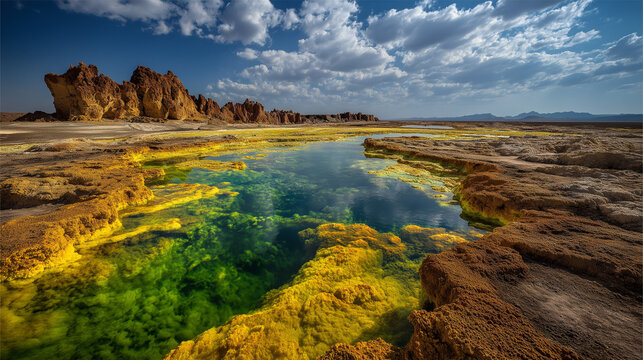 AI generator images of Dallol Volcano: The vibrantly colored area in the image is the Dallol Volcano region, filled with highly acidic (pH less than 1) hot springs and colorful salt pools.
