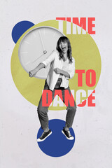 Zine banner vertical photo collage of happy girl guy dance clock time party weekend relax limit...