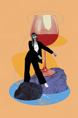 Image pop creative artwork collage of happy girl guy dance wine glass beverage celebration rock...