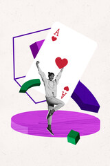 Pop image sketch 3d collage of happy girl guy stand ace cards combination casino game addition...