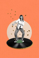 Trend template collage of person stand dance crossed hands vinyl disc on orange color background