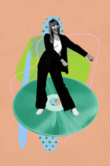 Poster image sketch vertical collage of happy pretty girl dance cd disk meloman music playlist...