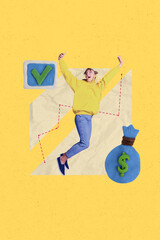 Vertical image sketch vertical collage of happy girl guy business worker receive dollar bag income...