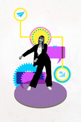 Vertical poster art collage of happy girl guy stand bubble communication chatterbox wifi network 5g...