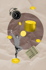3d sketch poster trend collage image of happy businesswoman businessman receive dollar coin income...
