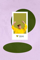 3d trendy vertical banner creative collage of happy girl guy receive like reaction popular blog...