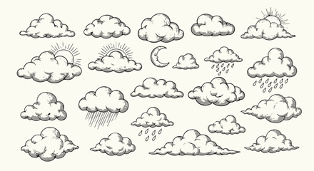Set of Hand Drawn Clouds and Weather Elements. Sketch Vintage Style Vector Illustration. isolated PNG with Transparent Background