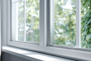 Fototapeta premium New plastic PVC window with white metal frame installed at modern house, city street urban view. Typical installation of insulated glazing windows. uPVC frame high thermal insulation values in room