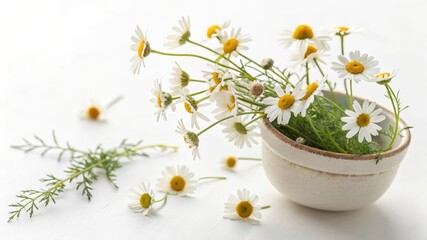 Arranging a small pot of chamomile flowers on a clean minimalist background for elegant home decor photography