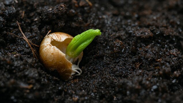 Pushing seed with cracked brown coat upward in potting soil, revealing green shoot and root hairs
