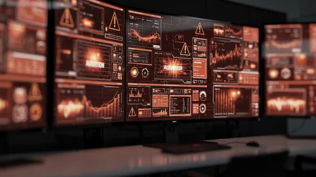 Close view of a master control room video wall in alarm state featuring flashing alert signals and highlighted error messages sharply focused the periphery out of focus.
