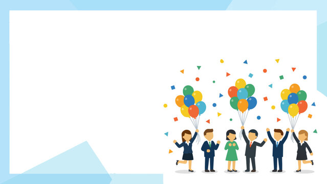 Flat vector illustration of a happy business team celebrating success and achievement with colorful balloons and confetti.
