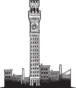 Woodcut style tall 19th century tower with clock fave