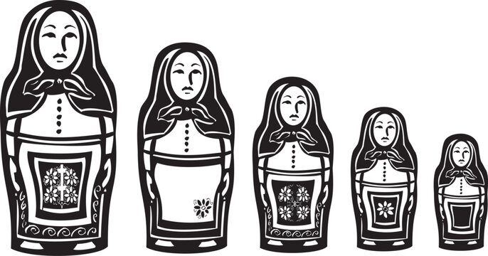 Woodcut style several russian nested dolls