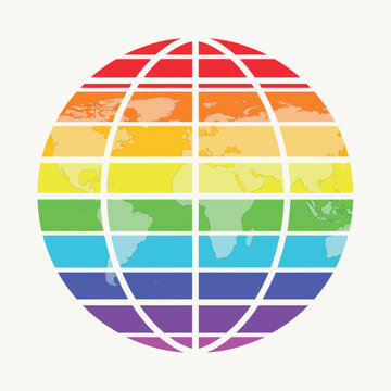 Rainbow Globe Showcasing Global World Unity With Colorful Grid Lines Over White Background