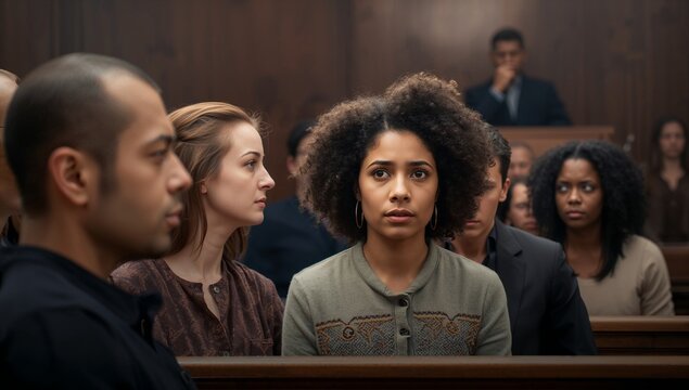 Sitting center woman in green cardigan and hoops, looking concerned on wooden benches in courtroom