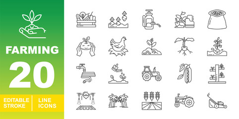 Naklejka premium Smart Farming & Garden Maintenance Icons. Editable stroke vector icons for modern agriculture. Featuring agricultural drones, lawn mowers, irrigation hoses, tractors, chicken nests, and harvest