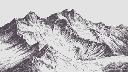 A detailed black and white illustration depicts a rugged mountain range with sharply defined peaks and shadowed valleys high quality professional modern elegant stylish clean crisp