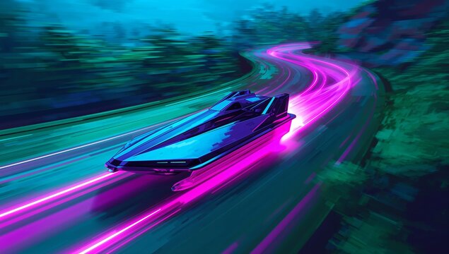 Racing sleek angular hover vehicle speeding along winding night road, streaming magenta neon trails