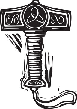 Woodcut style image of the hamer of the norse god thor mjolnir