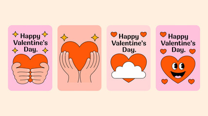 Four rectangular cards display valentine s day greetings with illustrations of hearts hands and whimsical designs on a pale background high quality professional detailed modern elegant