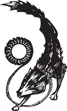 Woodcut style image of the Norse wolf god Fenris chained to the sun