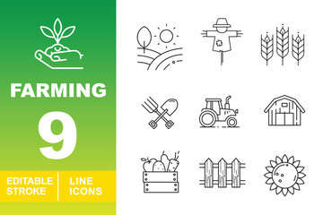 Fototapeta premium Farming and Rural Agriculture Icons. Editable stroke icons for countryside and cultivation. Featuring landscape scenes, scarecrows, wheat stalks, garden forks, shovels, tractors, barns, vegetable
