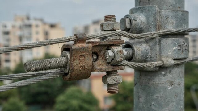 Detailed image of weathered guy wire connectors clear and sharp against an indistinct backdrop of mixed urban and green landscape.