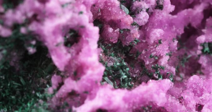 Pink Cobalt-bearing Calcite with green Malachite. Specimen from Tenke-Fungurume Area, RD Congo. macro footage detail texture background. close-up mineral crystal unpolished semi-precious gemstone