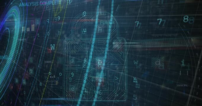 Animation of security padlock and data processing over navy background