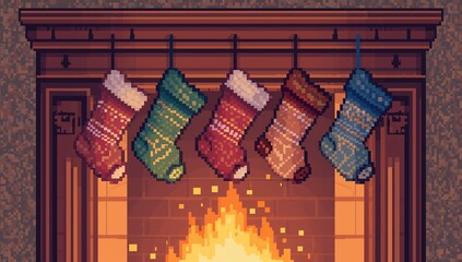 Naklejka premium Displaying pixel-art mantel with five knit stockings hanging from hooks at home, glowing brick fire