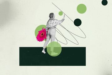 Image pop banner 3d photo collage of happy girl guy stand gerbera bud bloom bouquet spring summer...