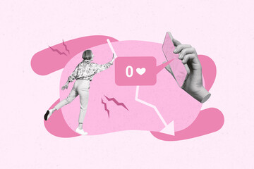 Trendy art creative full zine photo collage of hand hold phone device arrow decline heart broke...