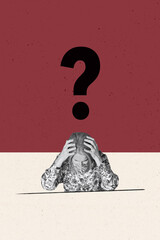 Vertical image trend photo collage of happy businesswoman businessman stand question mark strategy...