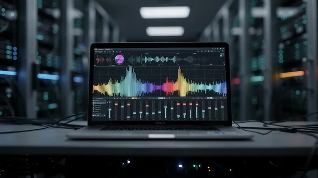 Detailed medium shot of a primary radio playout server screen displaying live streams with background servers in motion blur illustrating disaster recovery readiness in a secure