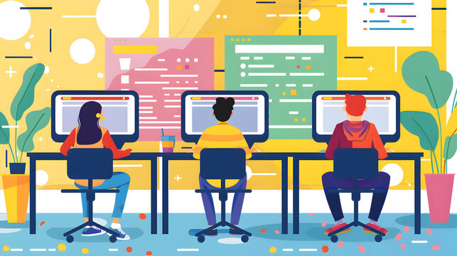 Software developers working on computer code in a modern office, flat vector illustration